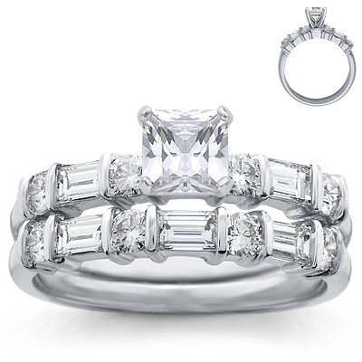 Platinum Round and Baguette Diamond Setting and Matching Band